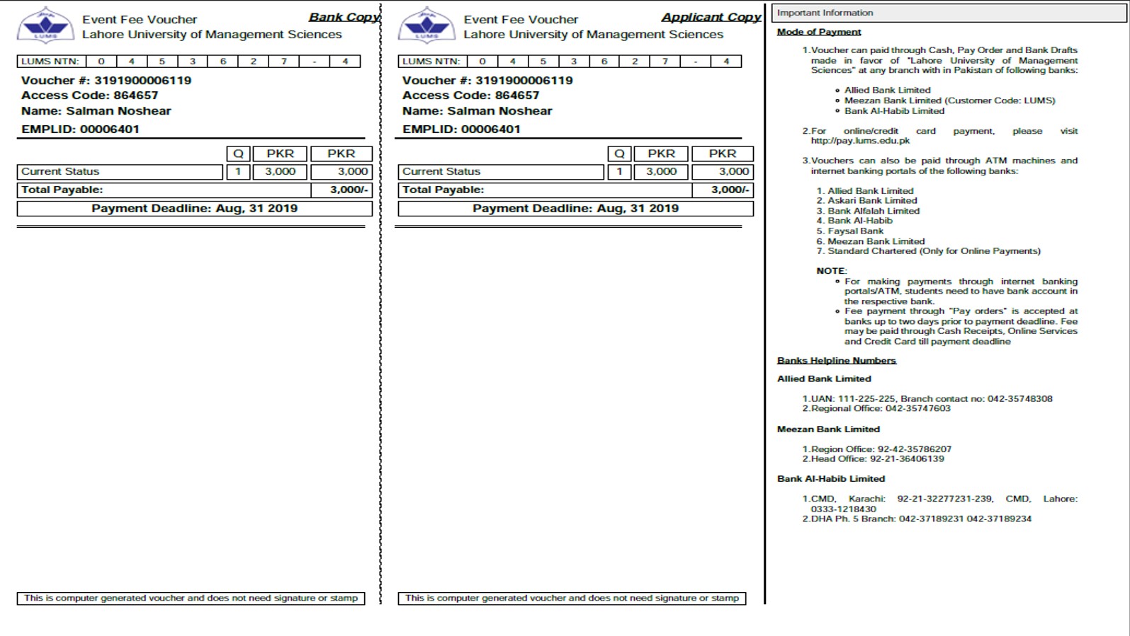 The University of Lahore: Regular Fee Voucher, PDF, Fee